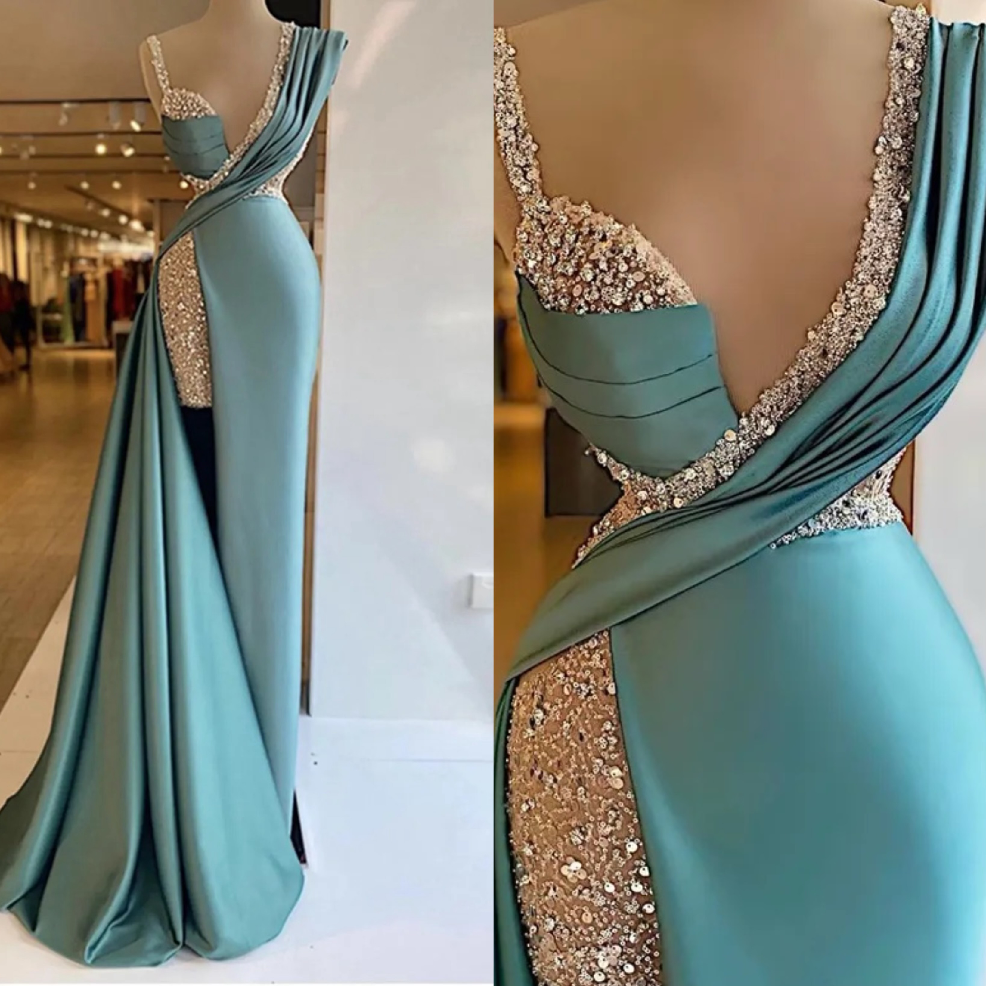 Stunning Mermaid Evening Dresses V Neck Dubai Glitter Robe De Soiree Split Arabic Prom Dress Women Party Gowns Lz0304