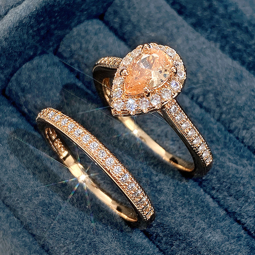2024 Drop Ship Wedding Rings Luxury Jewelry 925 Sterlig Silver Champagne Rose Gold Fill Pear Shape 5A Zircon CZ Diamond Party Women Bridal Ring Set Gi