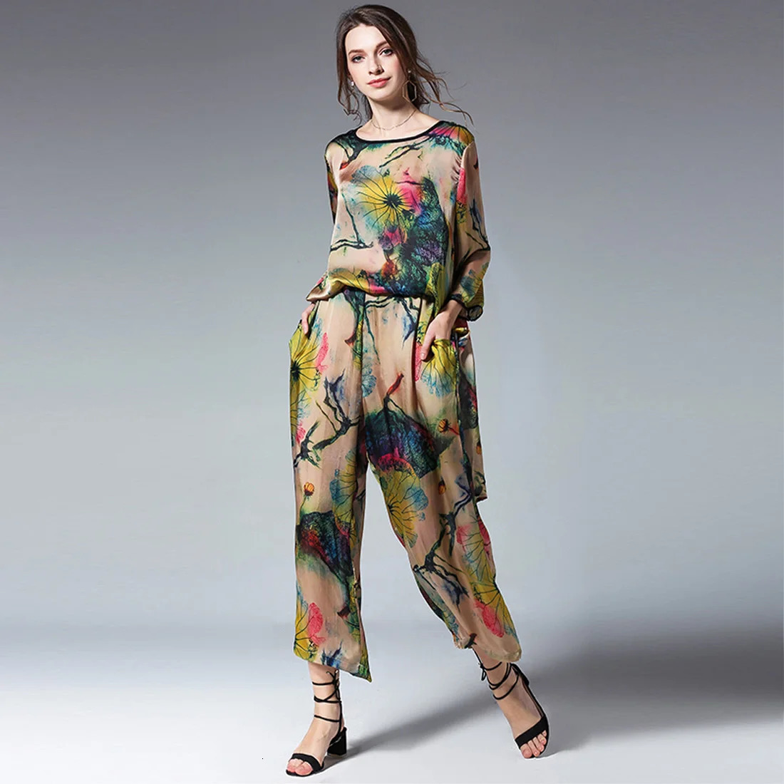 Womens Casual Suits Loose Fashion Print Silk Lotus Elegant Two Piece Summer Tops And Pants Elastic Waist Crew Neck Suit 240228