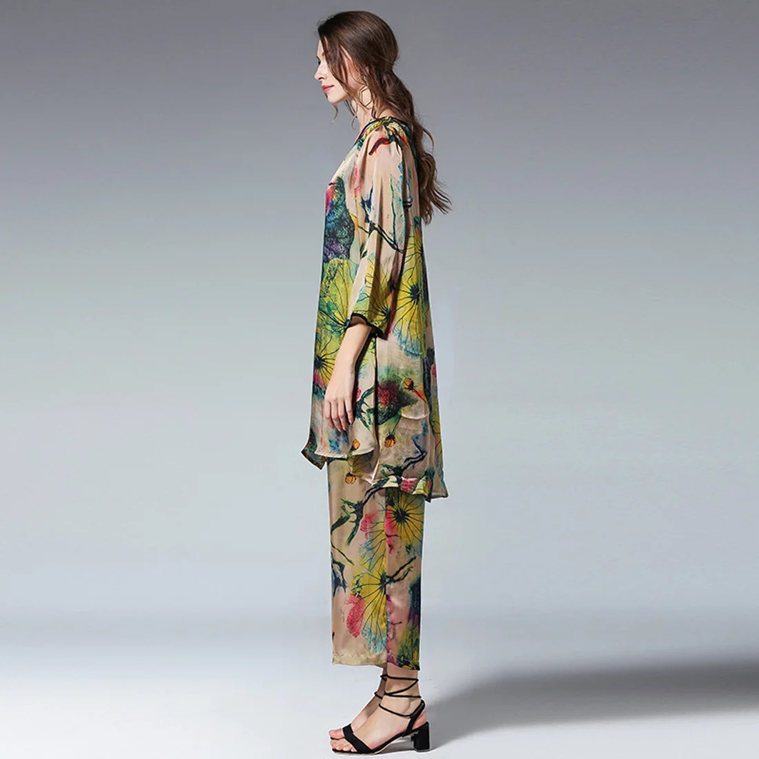 Womens Casual Suits Loose Fashion Print Silk Lotus Elegant Two Piece Summer Tops And Pants Elastic Waist Crew Neck Suit 240228