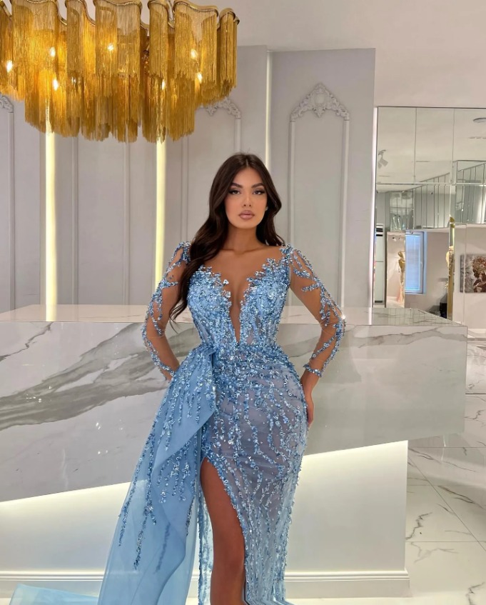 Elegant Sky Blue Mermaid Evening Dresses Illusion V Neck Sleeves Sequins Party Prom Split Long Dress For Special Ocn