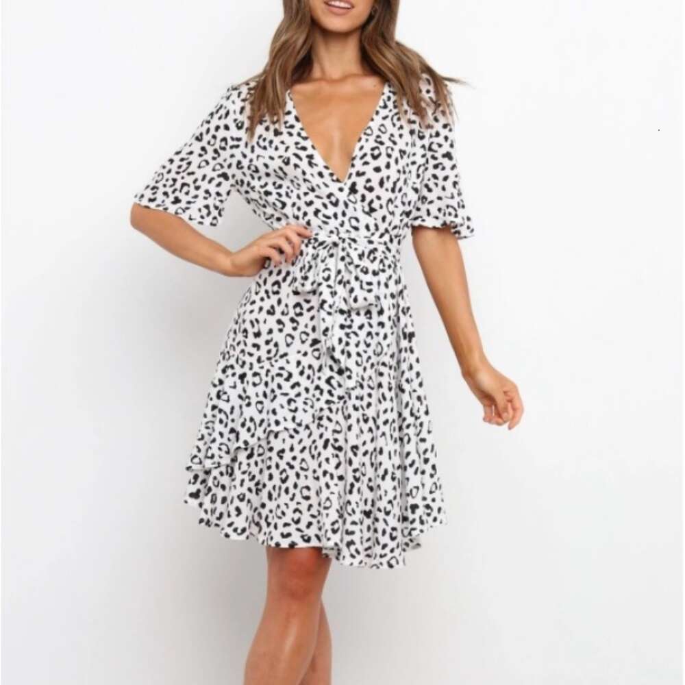 2024 Spring New Short Sleeved Printed Waist Tied Mid Length Dress
