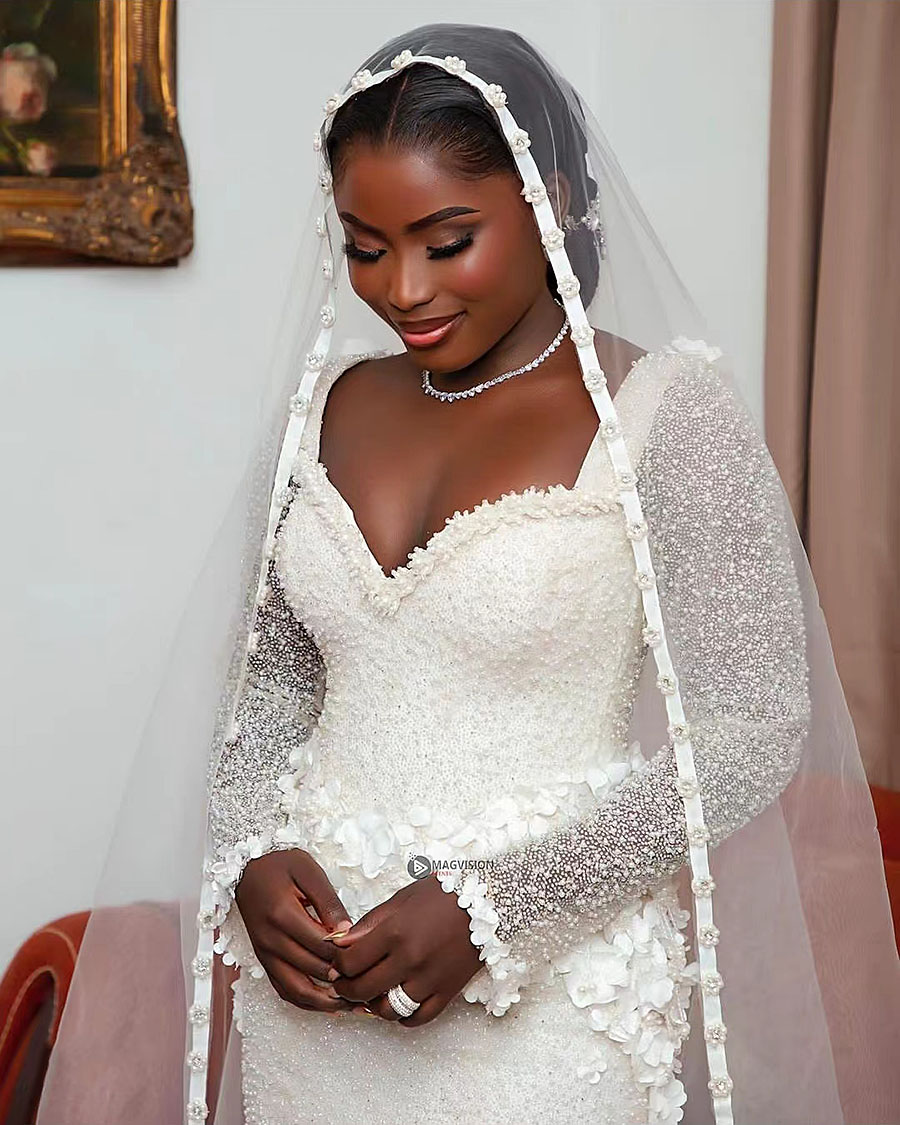 Wedding Mermaid Dresses Pearls Long Sleeve Beaded Flowers Stain Strapless Bridal Gwon Customized Arabic Aso Ebi