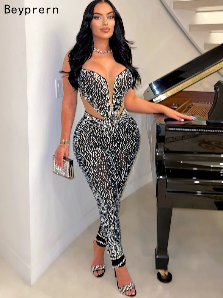 Beyprern Beautiful Sheer Mesh Patchwork Crystal Jumpsuit Women Glam Fitted Diamonds Rompers Overalls Birthday Outfits Clubwear 240315