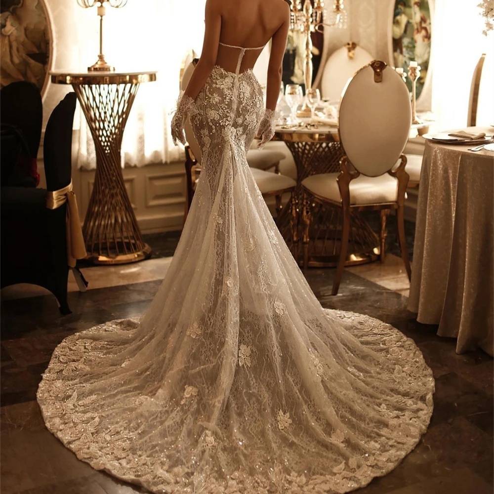 Elegant 3D-Ral Appliques Mermaid Bridal Gowns Lace Strapless Wedding Dress Sleeveless See Through Custom Made Bride Dresses 0219