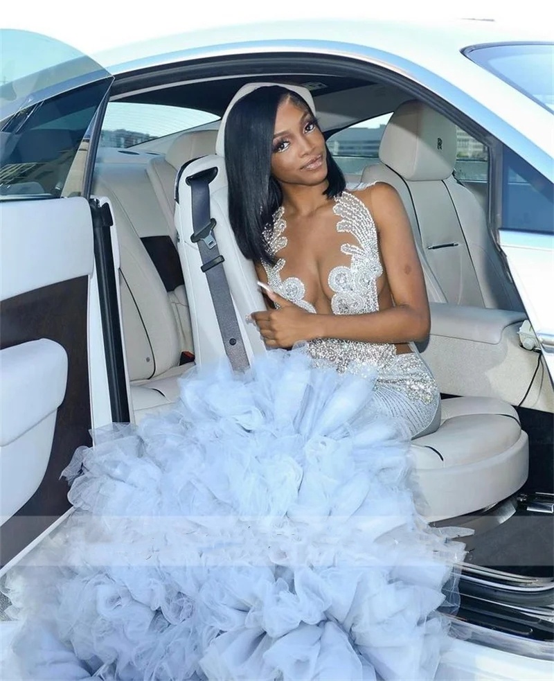 Sparkly Diamonds Long Blue Prom 2024 For Black Girls Crystal Rhinestone Beading Tiered Ruffle Birthday Party Dress Robe 0431