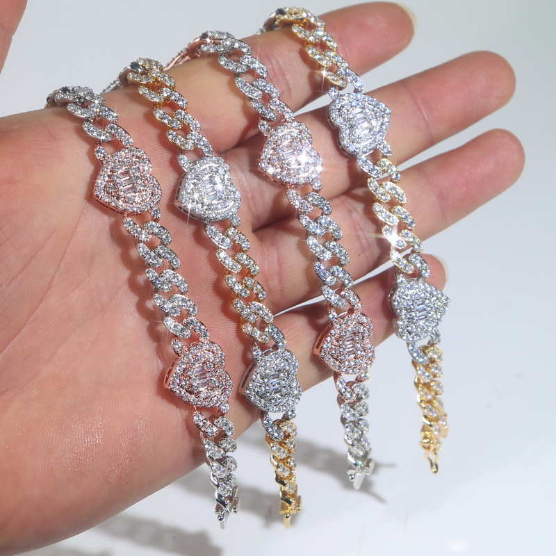 Iced Out Cubic Zirconia Heart Charm Bracelet Cuban Chain Gold Silver Color for Women Men Wedding Hip Hop Fashion Jewelry