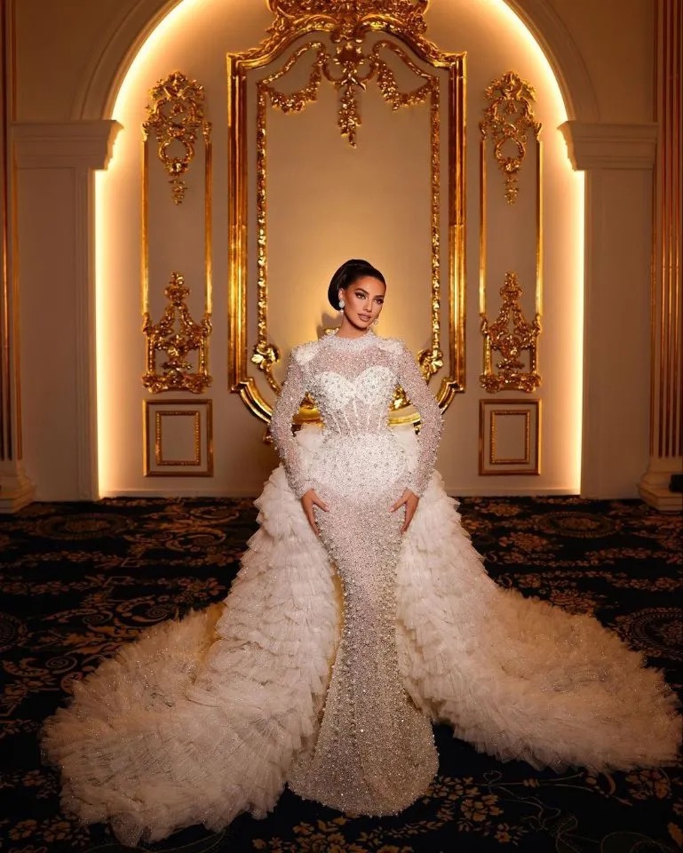 Saudi Arabic Mermaid Wedding Dress Long Sleeve Pearls Wedding Dresses Bridal Gowns Ruched Puffy Vestido De Noiva Overskirt Robe Mariage