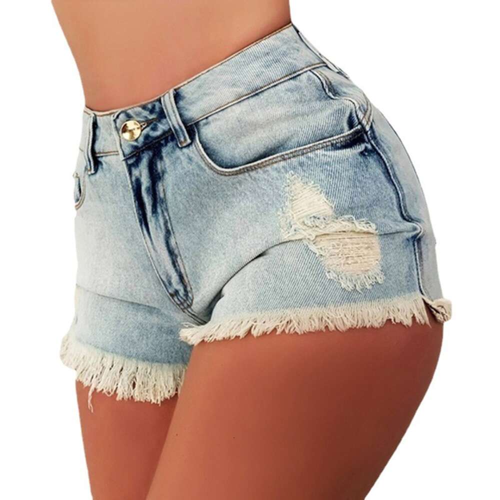 2024 Women's Denim Shorts with Tassels Holes, High Waisted and Buttocks Wrapped Jeans
