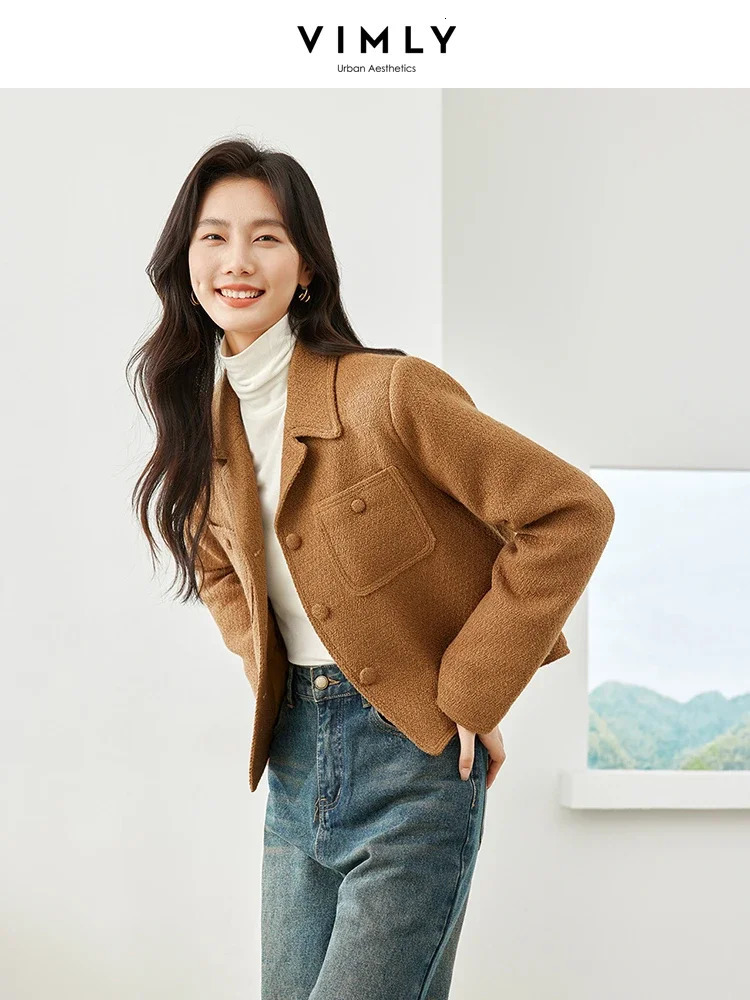 Vimly Elegant Cropped Tweed Quilted Jacket Women Winter Wool Blend Short Coat Lapel Notched Collar Outerwear M5266 240307