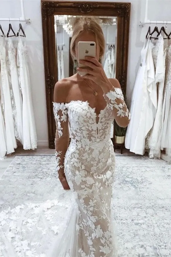 Stunning Mermaid Wedding Dresses New Sexy Backless Off Shoulder Long Sleeves 3D Lace Appliques Bridal Gowns With Button Covered Back Custom Made Bc157
