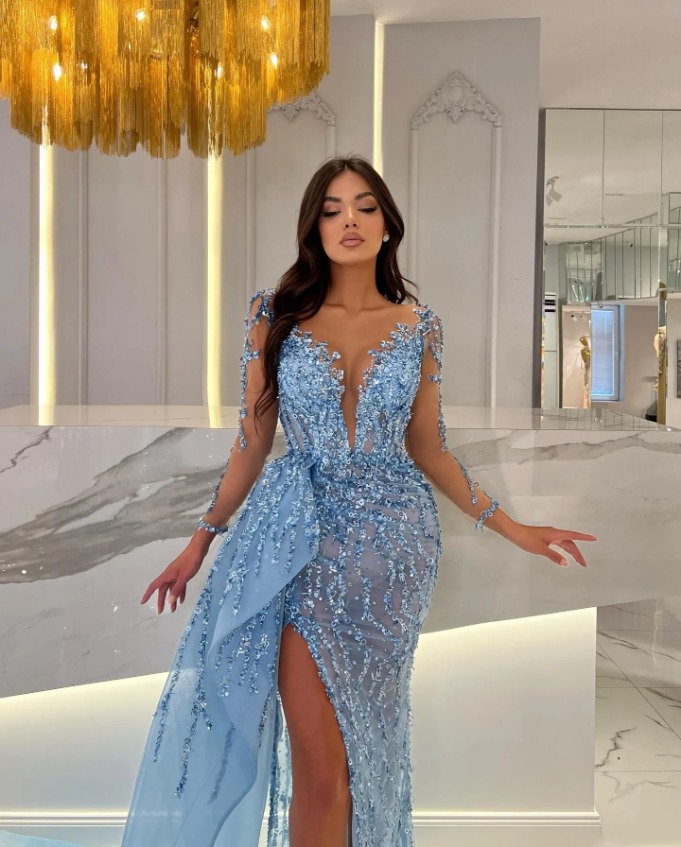 Elegant Sky Blue Mermaid Evening Dresses Illusion V Neck Sleeves Sequins Party Prom Split Long Dress For Special Ocn