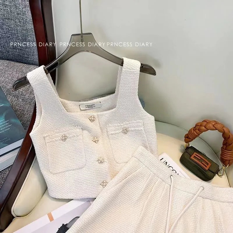 Women Fragrance Vintage Tracksuit Camisole Vest Crop Top And Pant Two Piece Set Summer Short Suit Matching Outfit 2023 Clothing 240228