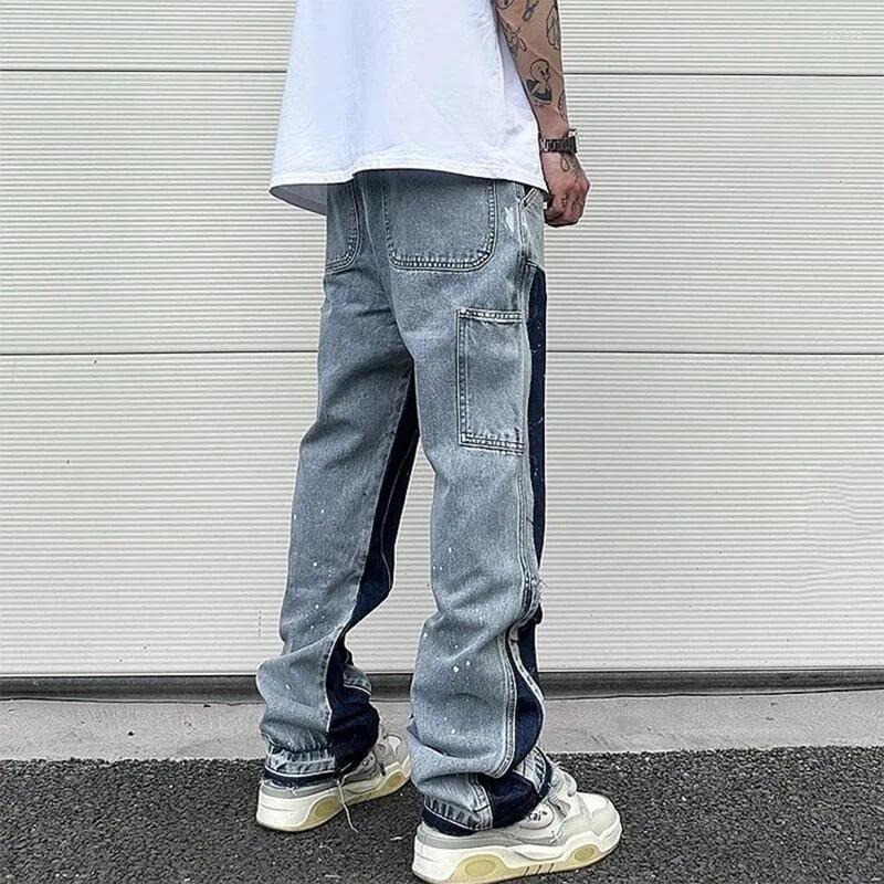 Men's Jeans European Ink Sprayed Flared For Men Contrast Color Looen Fit Streetwear Denim Clothes Open Hem Male's Baggy Pants