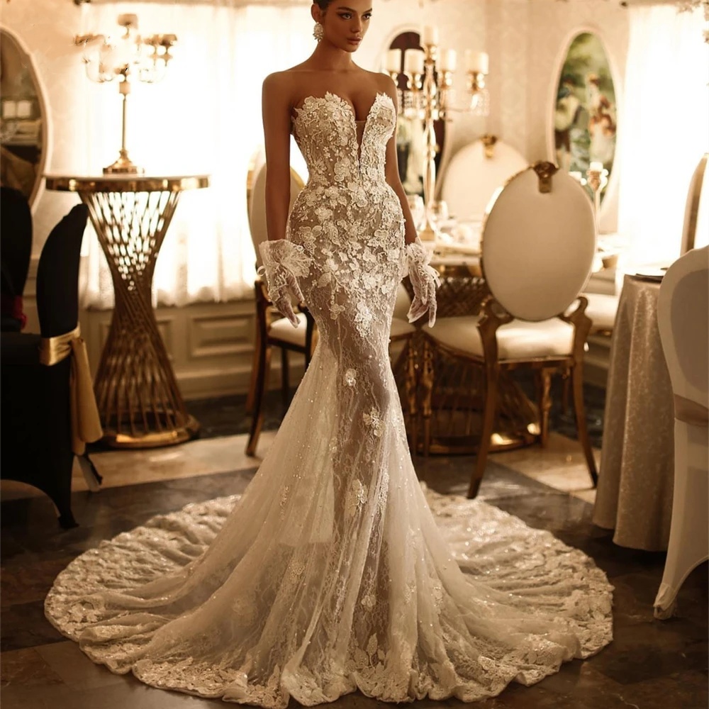 Elegant 3D-Ral Appliques Mermaid Bridal Gowns Lace Strapless Wedding Dress Sleeveless See Through Custom Made Bride Dresses 0219