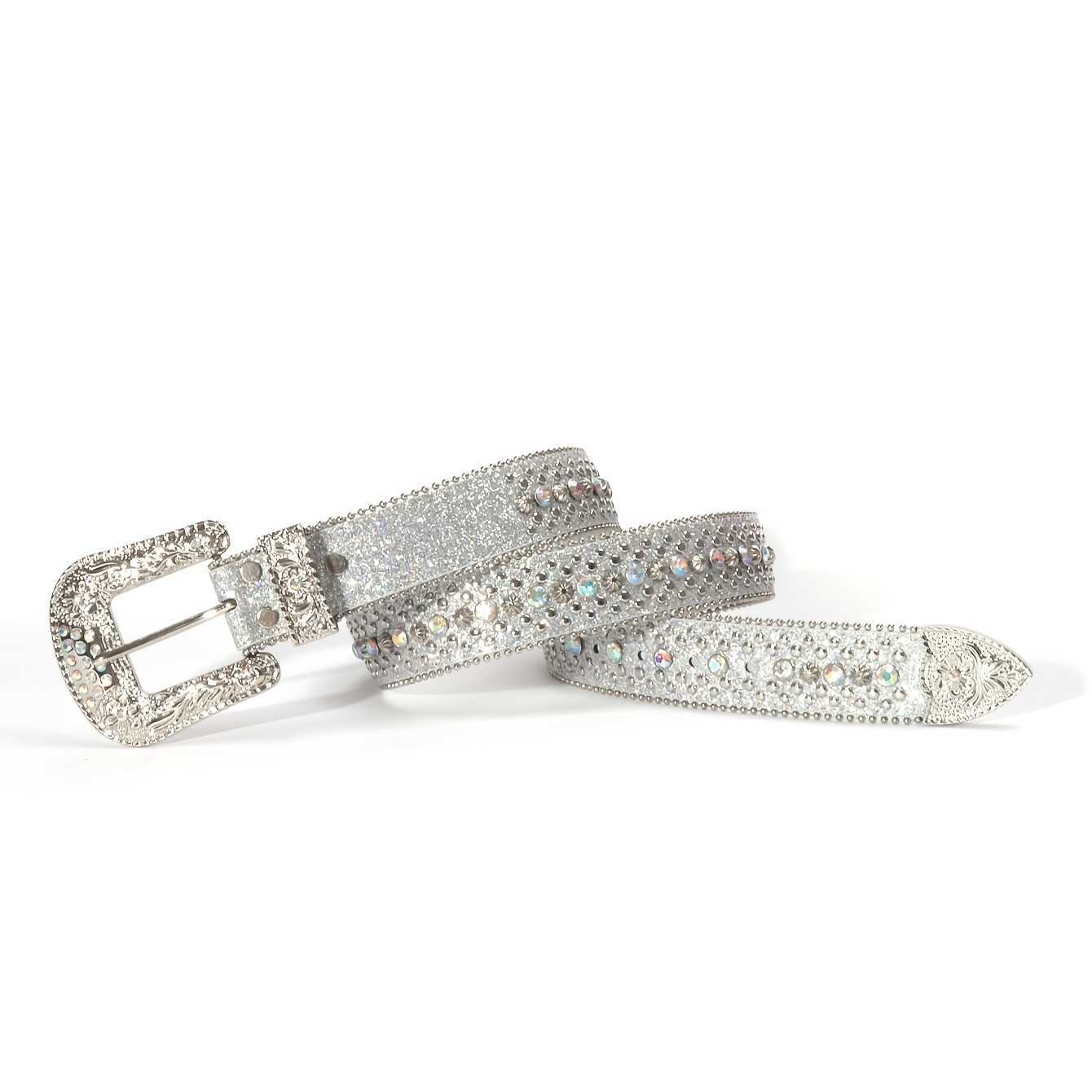 Belts Punk Rhinestone Belt Western Studded PU Leather Y2K Belt Vintage Bling Cowboy Cowgirl Waist Belt For Jeans Pants For Men Women Slivery