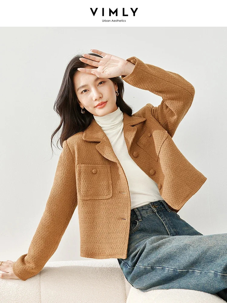 Vimly Elegant Cropped Tweed Quilted Jacket Women Winter Wool Blend Short Coat Lapel Notched Collar Outerwear M5266 240307