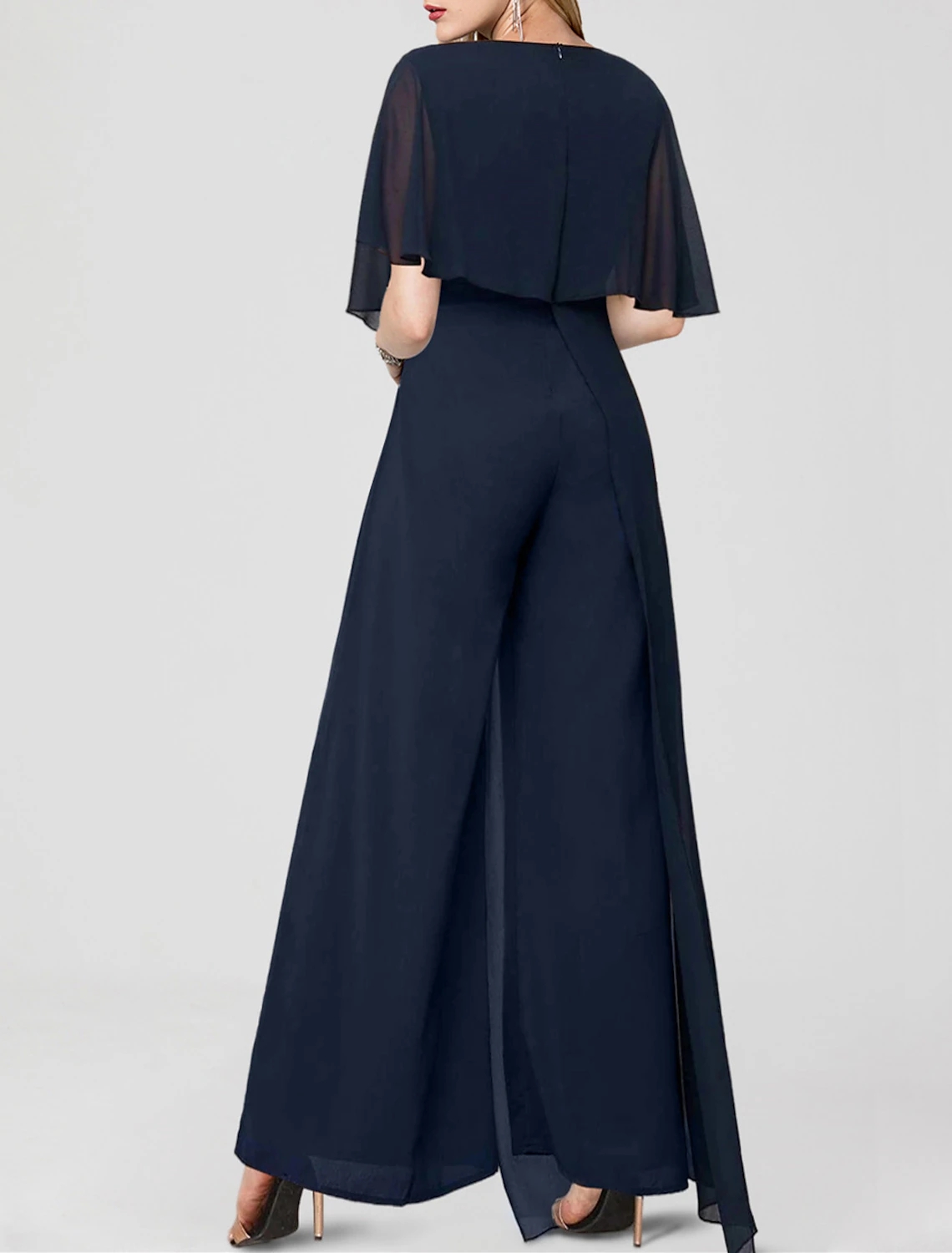 Elegant Long Navy Blue Chiffon Jumpsuit Mother of the Bride Dresses A-Line Lace Jewel Neck Pantsuit Godmother Dresses Formal Party Gown Floor Length W