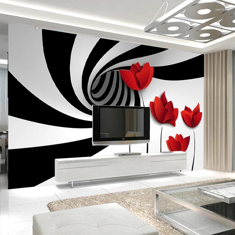 Wallpapers Custom Mural Wall Paper Black And White Striped Flowers Modern 3D Abstract Geometry Space Painting Living Room Wallpaper