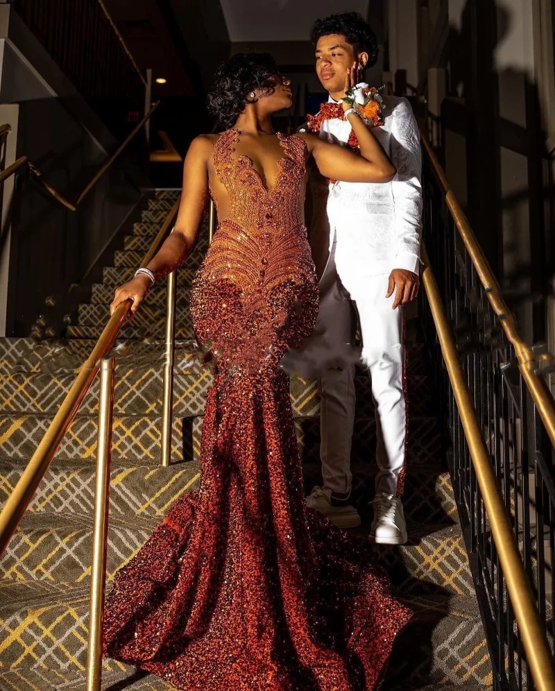 Orange Prom Dresses Women 2024 Sheer Neck Crystal Sequin Mermaid Party Gowns Long Birthday Outfits Vestidos De Gala 0431