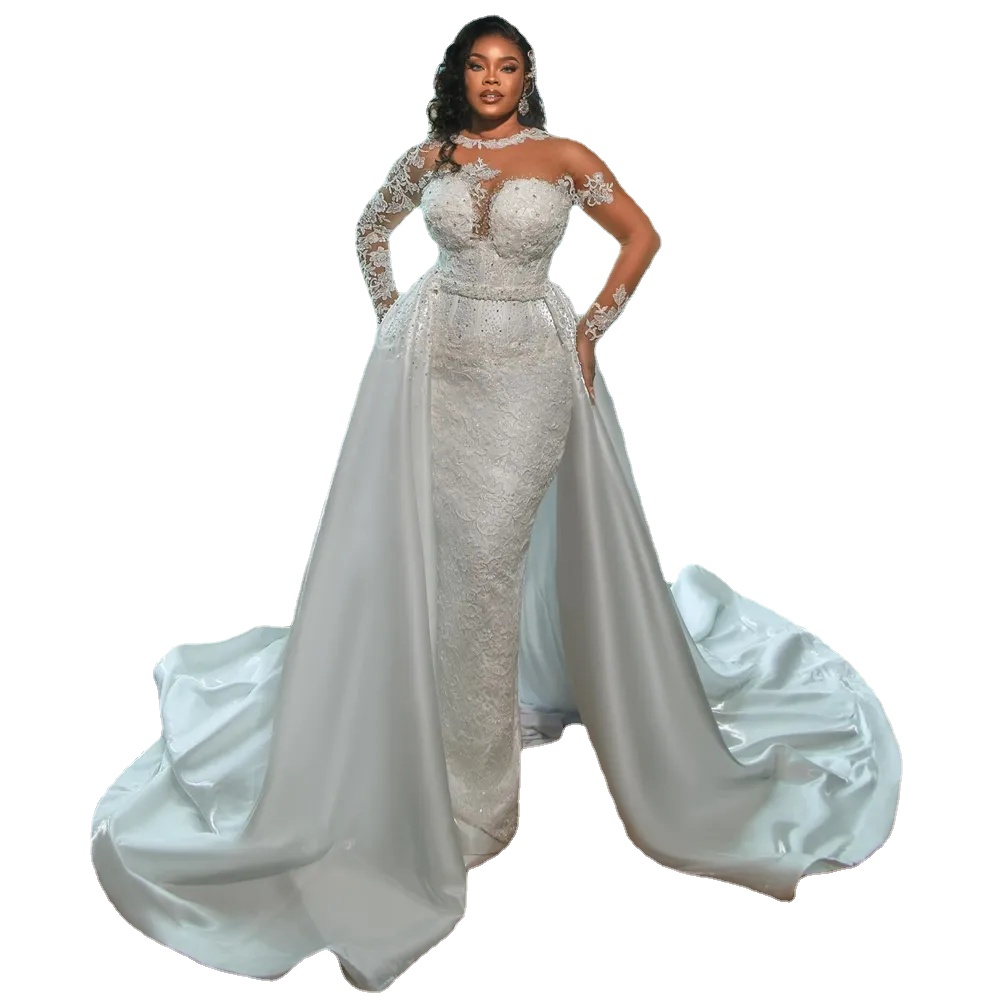 Dress Bride Mermaid Plus Size Sheer Neck Long Sleeves Beaded Lace Wedding Gowns With Detachable Train Marriage For Nigeria Black Women 6660305
