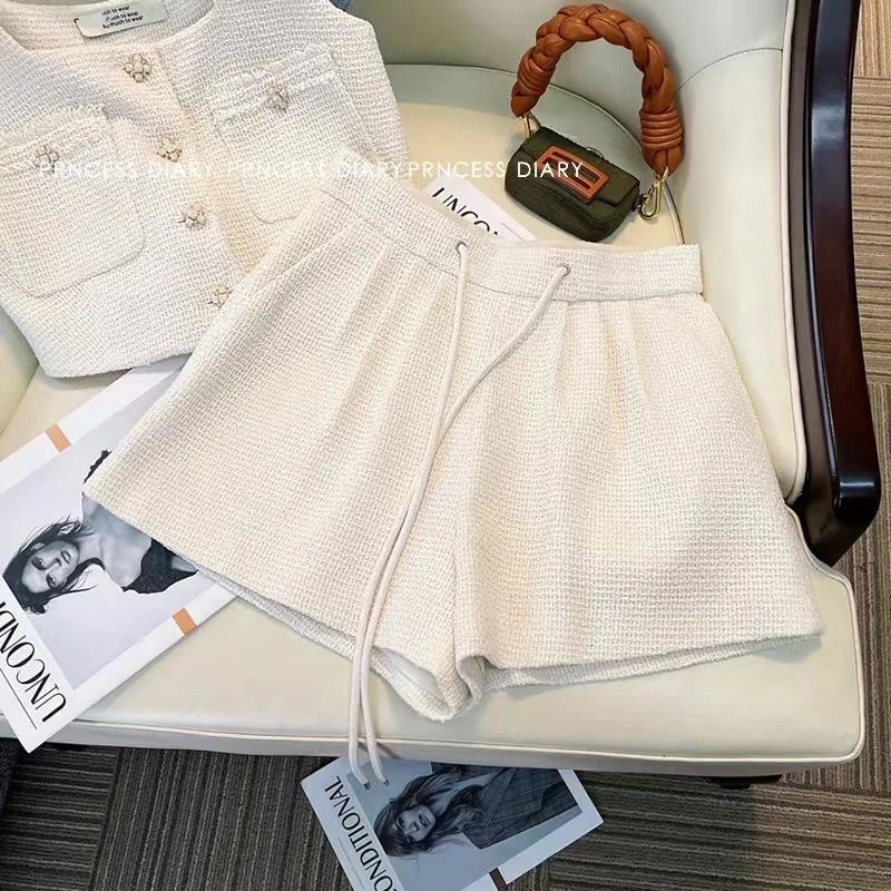Women Fragrance Vintage Tracksuit Camisole Vest Crop Top And Pant Two Piece Set Summer Short Suit Matching Outfit 2023 Clothing 240228