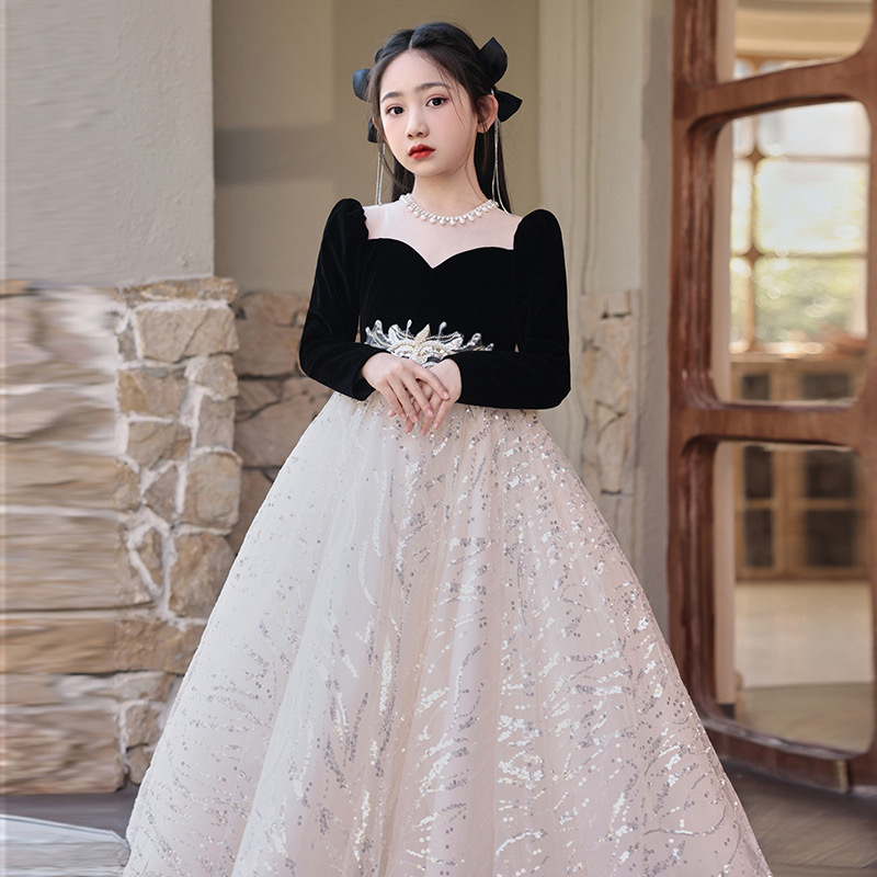 Glitz 2024 Sequined Wer Girl Long Sleeves Childrens First Holy Communion Princess Tulle Ball Gown Wedding Party 2-14 Years Girls Pageant Dress 403 666