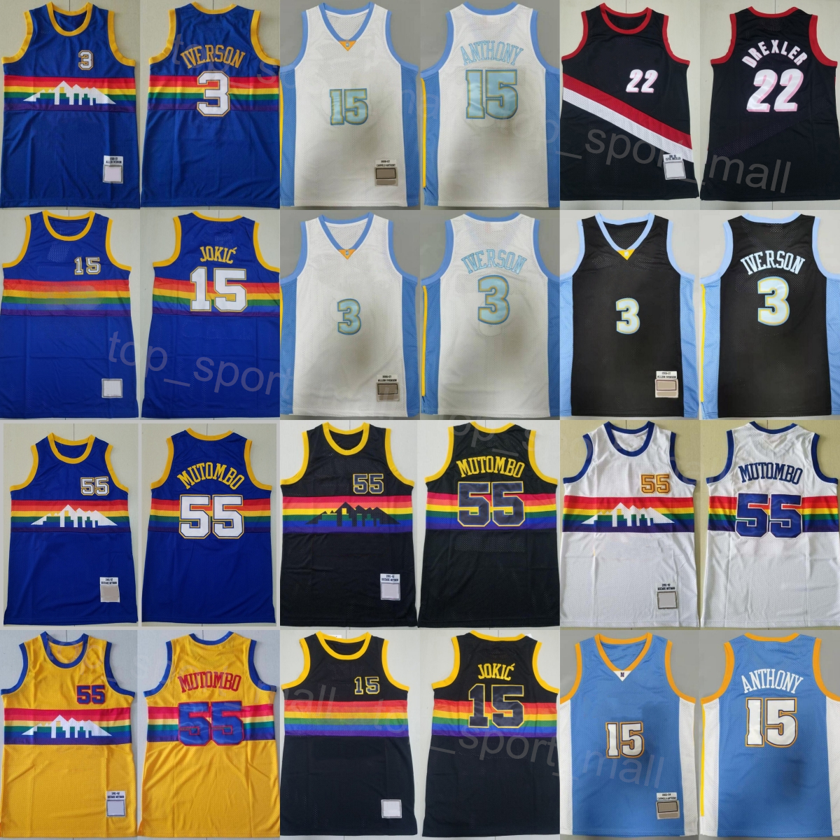 Mens Throwback Basketball Vintage Dikembe Mutombo Jersey 55 Carmelo Anthony 15 Allen Iverson 3 Clyde Drexler 22 Retro Shirt Blue Black White Yellow Team Stitched