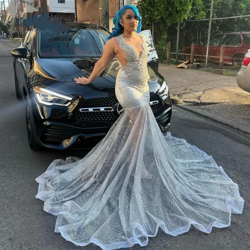 See Through Prom Dresses 2024 Blackgirl Sheer Neck Crystal Sequin Mermaid Party Gowns Long Birthday Outfits Vestidos De Gala 322