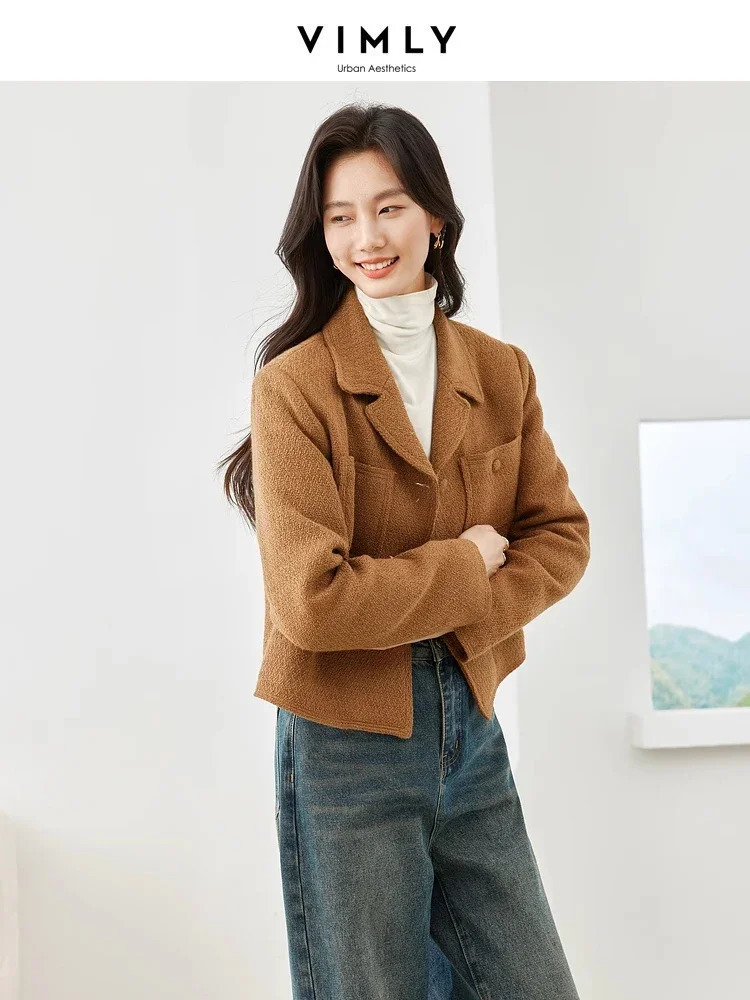 Vimly Elegant Cropped Tweed Quilted Jacket Women Winter Wool Blend Short Coat Lapel Notched Collar Outerwear M5266 240307