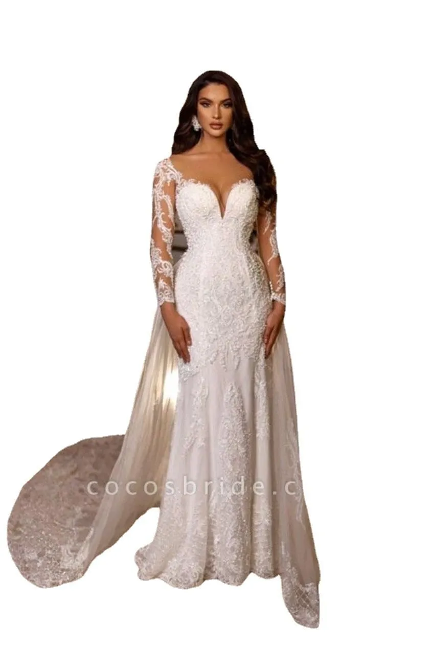 Gorgeous Lace Mermaid Wedding Dresses Detachable Skirt Sexy Sheer Backless with Buttons Apploques Beads Sweetheart Bridal Gowns Dubai Arabic Custom BC
