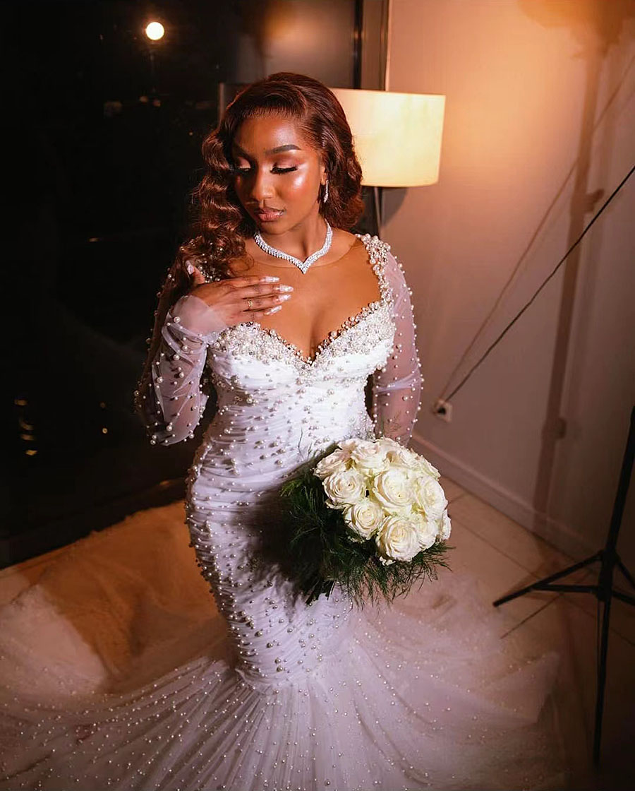 Aso Ebi Arabic Pearls Mermaid Wedding Dress Long Sleeves Floor Train White Organza African Bridal Gown Vestido De Novia 326