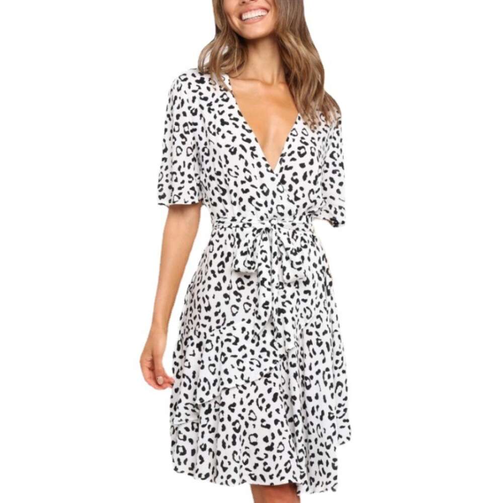 2024 Spring New Short Sleeved Printed Waist Tied Mid Length Dress