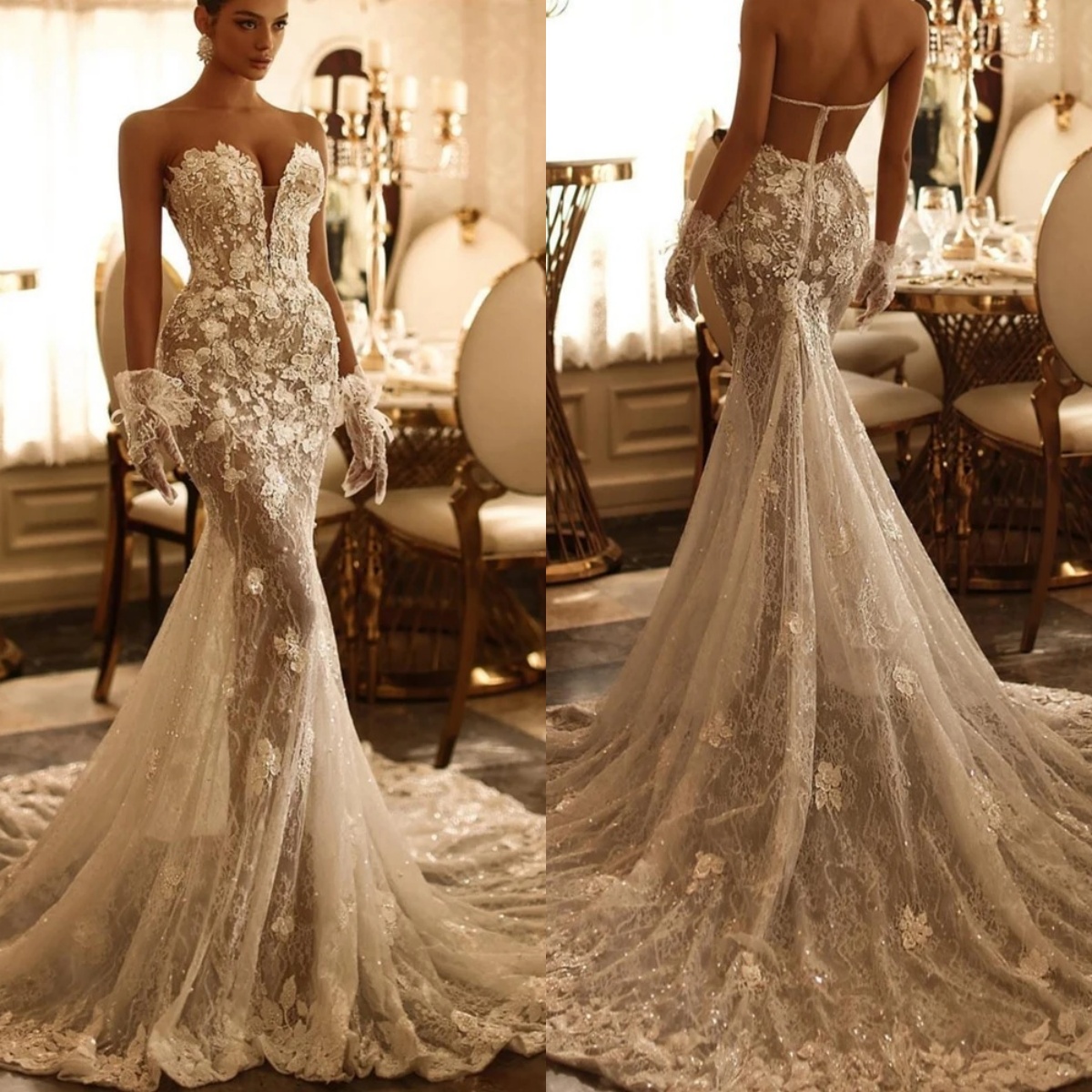Elegant 3D-Ral Appliques Mermaid Bridal Gowns Lace Strapless Wedding Dress Sleeveless See Through Custom Made Bride Dresses 0219