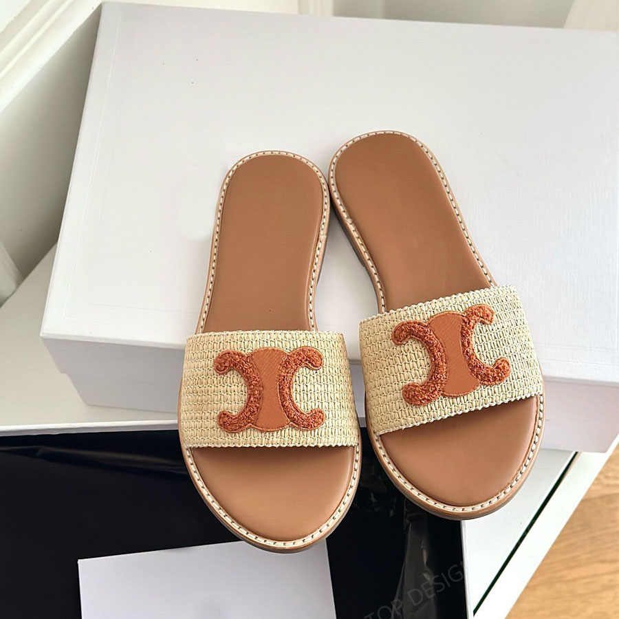 summer new Lympia slides slipper womens Raffia slides Straw Beach flat sandals Top quality Luxury designer slides for women Walk Vacation shoes Factory footwear box