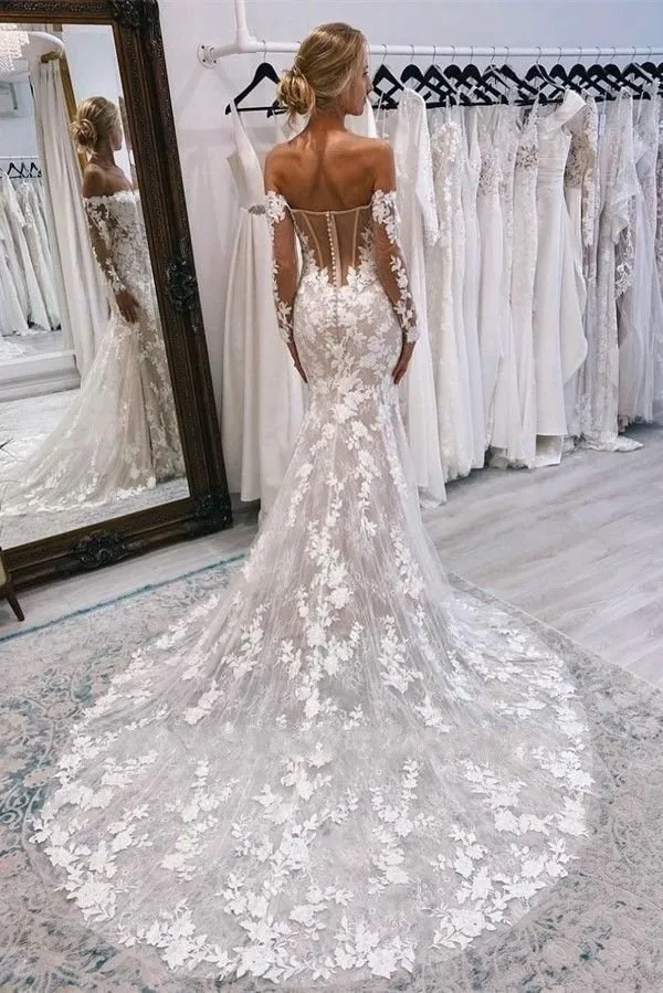 Stunning Mermaid Wedding Dresses New Sexy Backless Off Shoulder Long Sleeves 3D Lace Appliques Bridal Gowns With Button Covered Back Custom Made Bc157