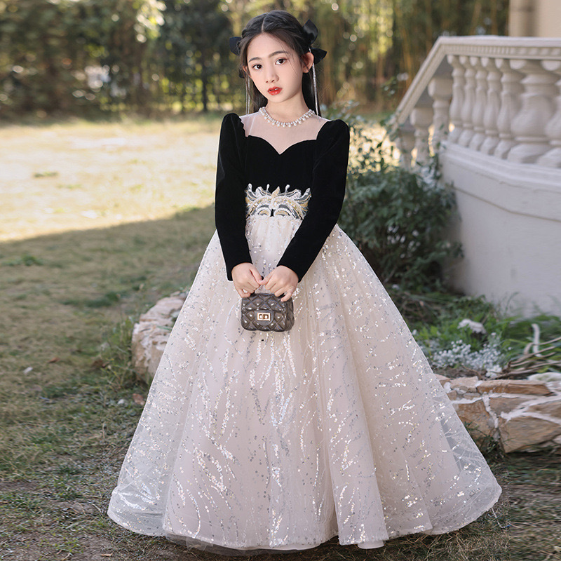 Glitz 2024 Sequined Wer Girl Long Sleeves Childrens First Holy Communion Princess Tulle Ball Gown Wedding Party 2-14 Years Girls Pageant Dress 403 666