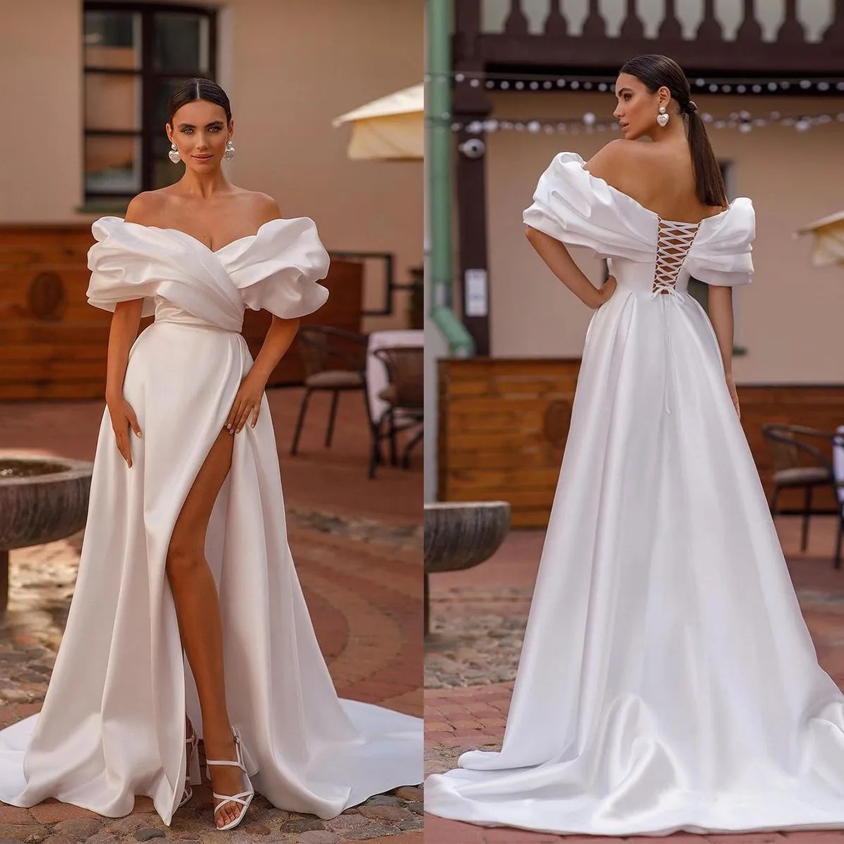 Elegant Satin Dress for bride Puffy Off The Shoulder A e Wedding Dresses bridal gowns High Split Lace Up Back Country robe mariage