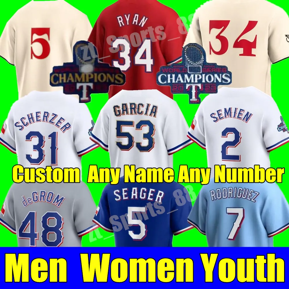 Baseball Jerseys 2024 Jacob deGrom Texas 2023 World Series Champions Baseball Jerseys Corey Seager Marcus Semien Adolis Garcia Nolan Ryan Max Scherzer Rangers Men W