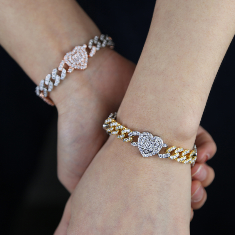Iced Out Cubic Zirconia Heart Charm Bracelet Cuban Chain Gold Silver Color for Women Men Wedding Hip Hop Fashion Jewelry