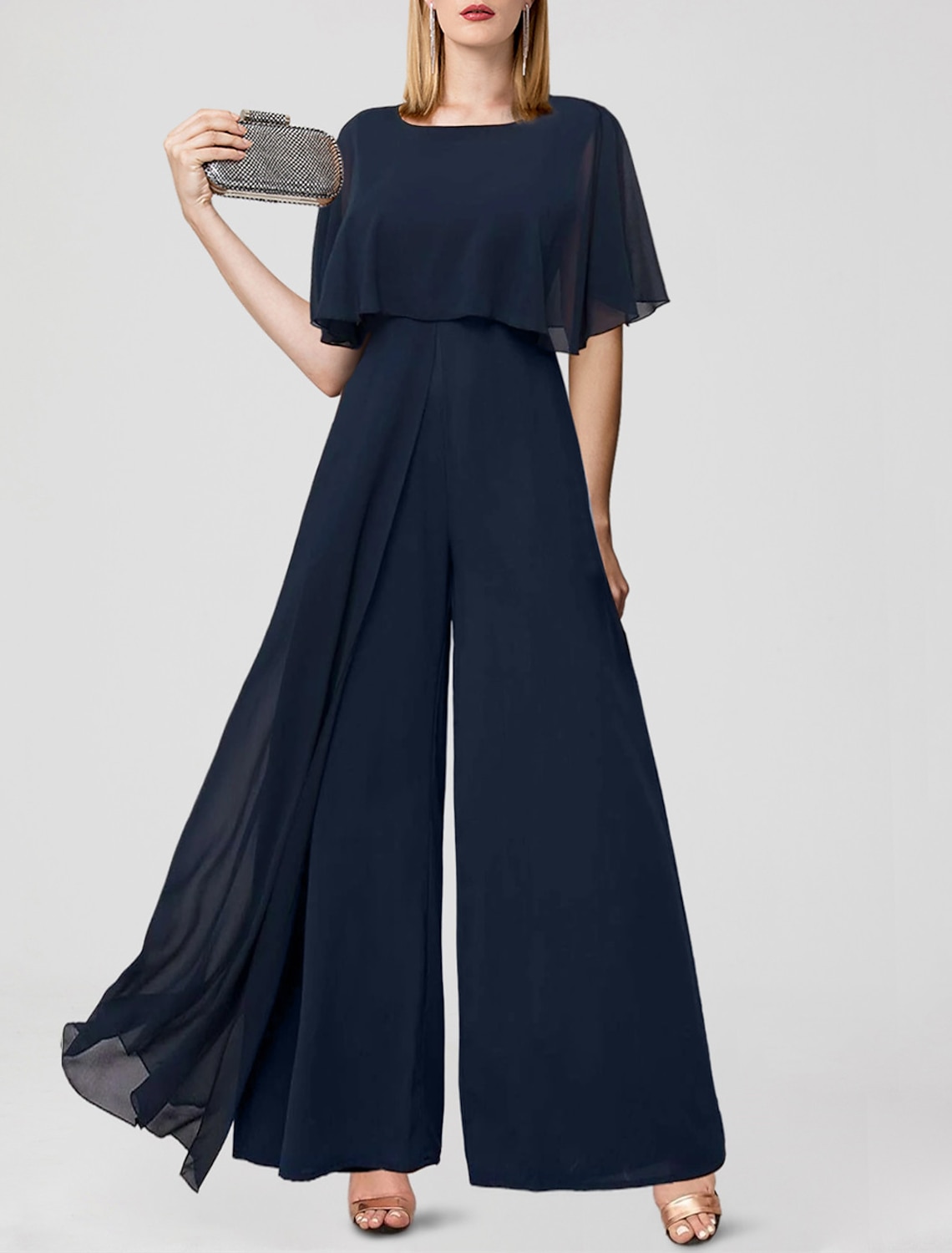 Elegant Long Navy Blue Chiffon Jumpsuit Mother of the Bride Dresses A-Line Lace Jewel Neck Pantsuit Godmother Dresses Formal Party Gown Floor Length W