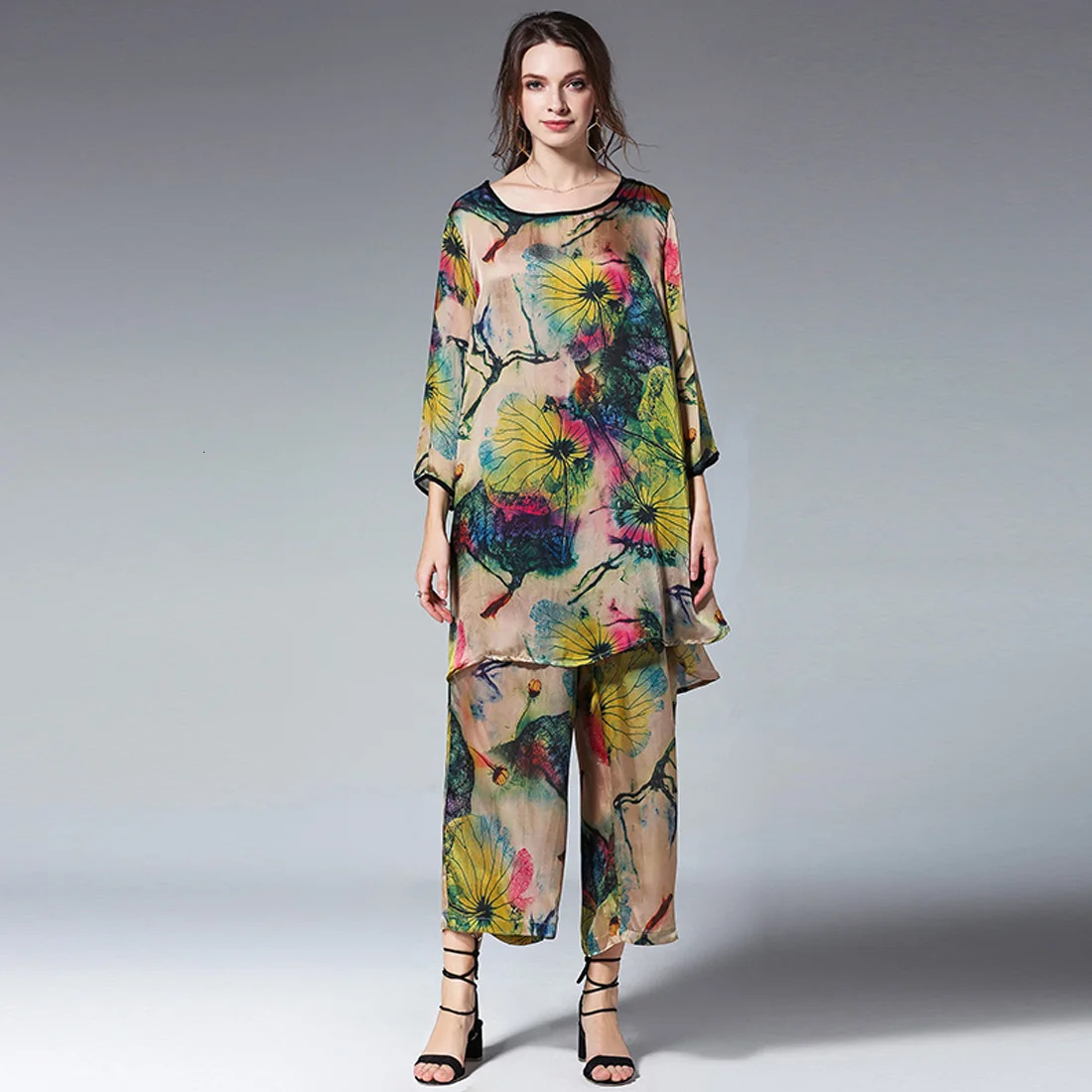 Womens Casual Suits Loose Fashion Print Silk Lotus Elegant Two Piece Summer Tops And Pants Elastic Waist Crew Neck Suit 240228