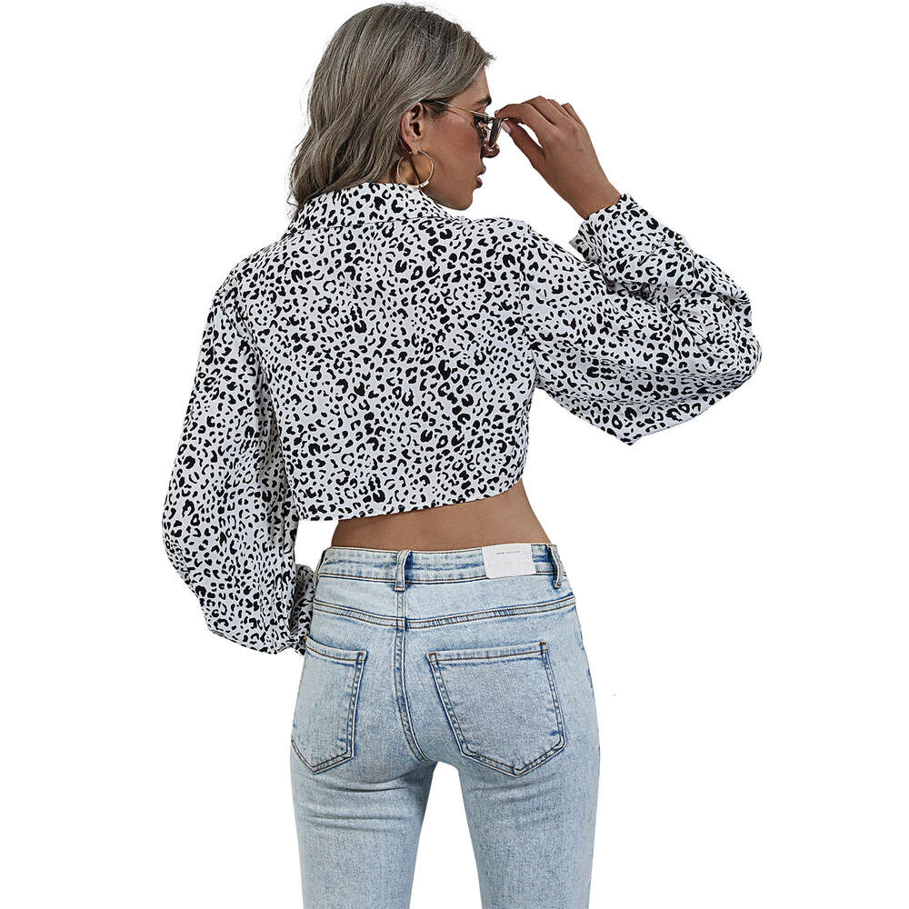 2024 Women's New Fashionable and Sexy Long Sleeved Short Top with Leopard Print Shirt