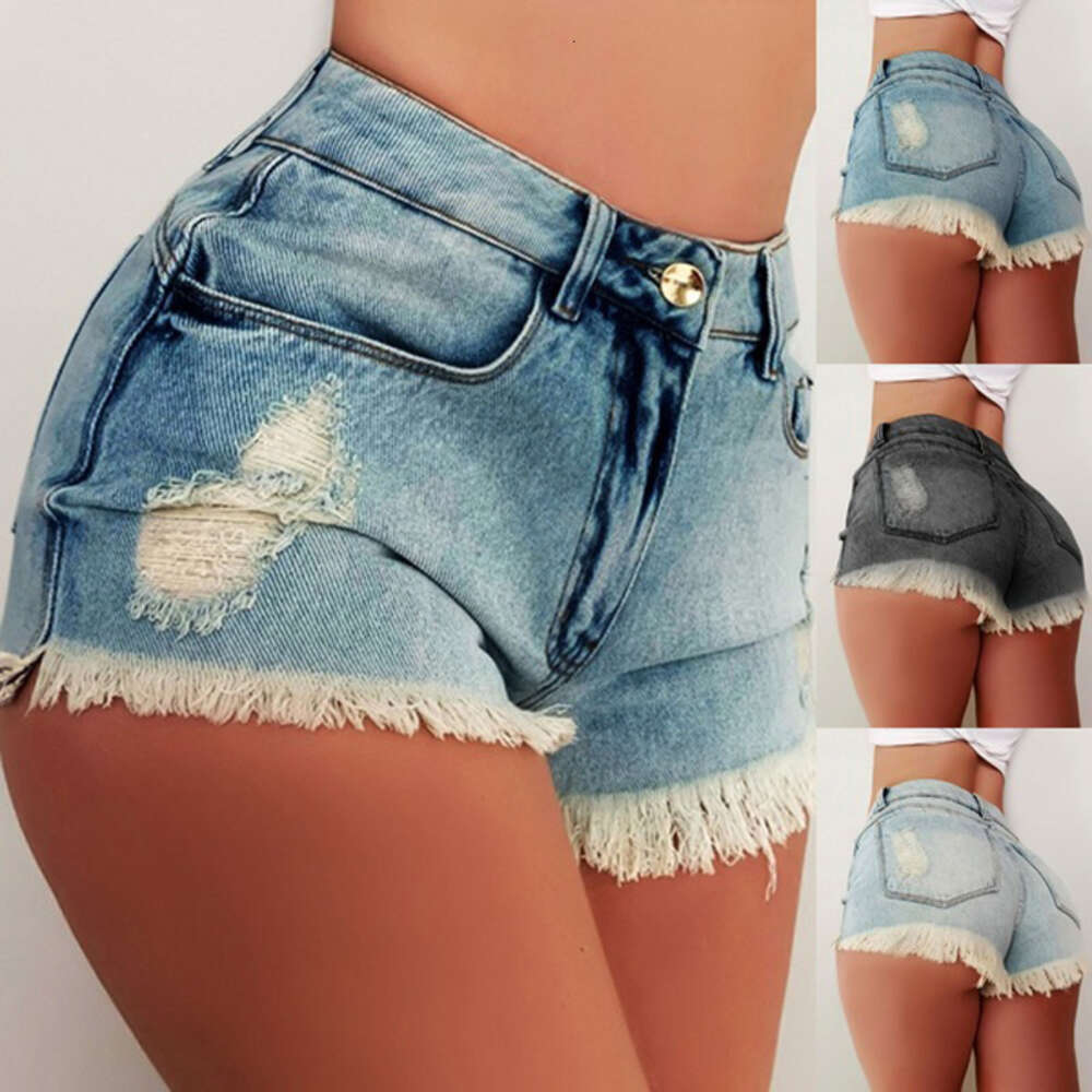 2024 Women's Denim Shorts with Tassels Holes, High Waisted and Buttocks Wrapped Jeans