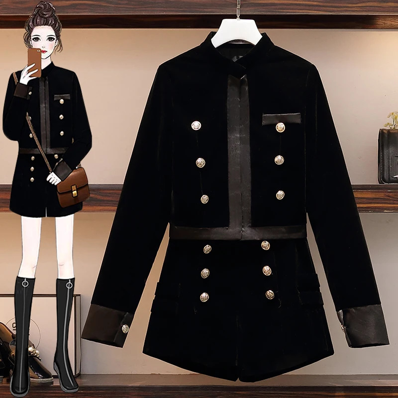 Women Gold Velvet Office Vintage Black Suit Jacket Coat Top And Short Pant Two Piece Set Elegant Outfit Ladies Fall Autumn Cloth 240228