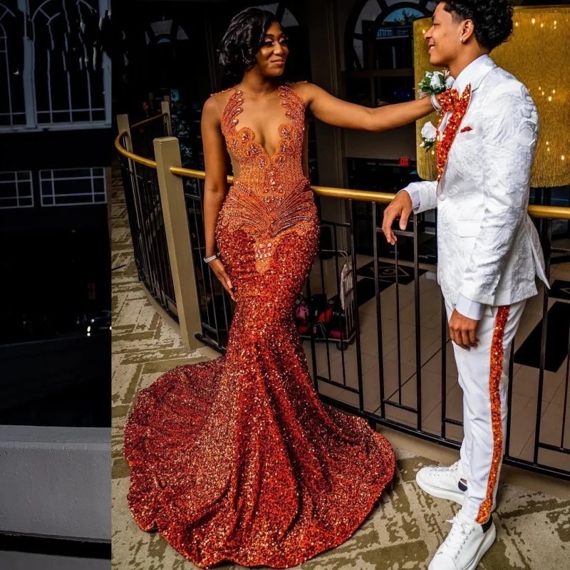 Orange Prom Dresses Women 2024 Sheer Neck Crystal Sequin Mermaid Party Gowns Long Birthday Outfits Vestidos De Gala 0431