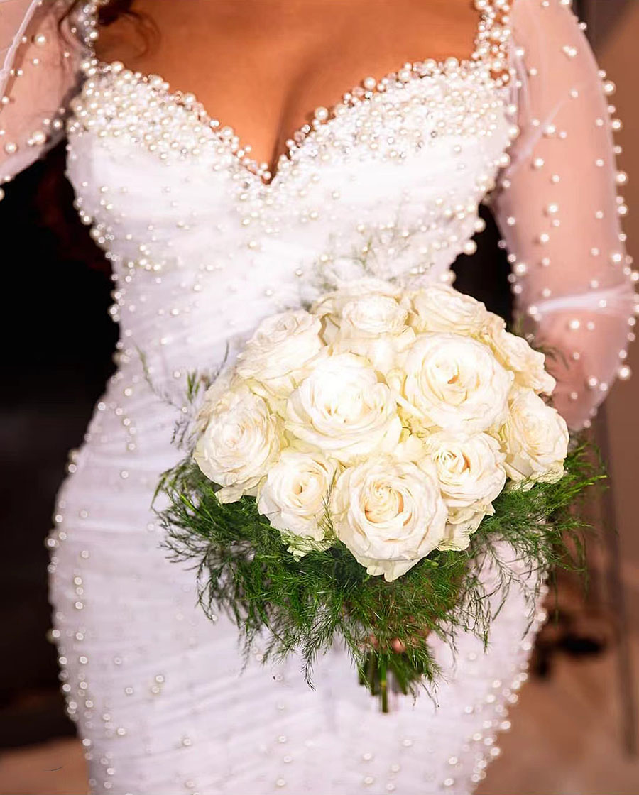 Aso Ebi Arabic Pearls Mermaid Wedding Dress Long Sleeves Floor Train White Organza African Bridal Gown Vestido De Novia 326