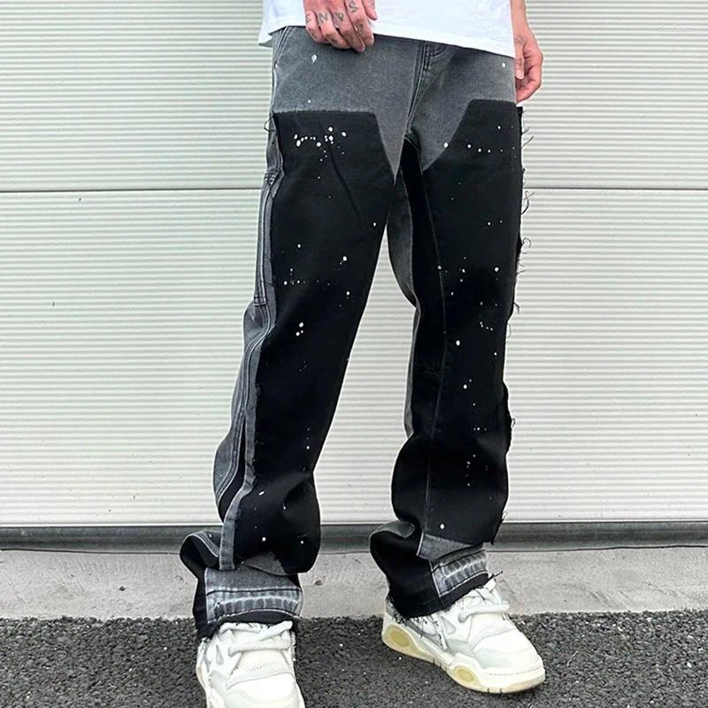 Men's Jeans European Ink Sprayed Flared For Men Contrast Color Looen Fit Streetwear Denim Clothes Open Hem Male's Baggy Pants