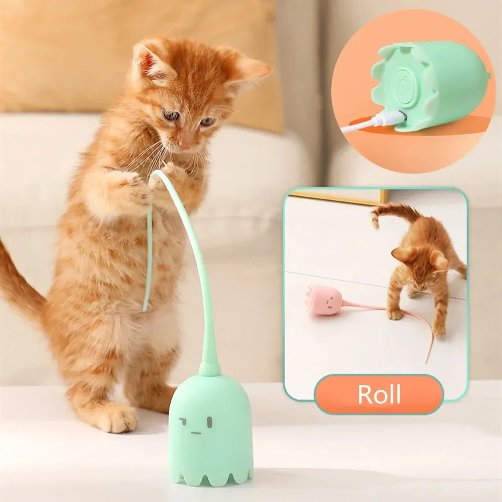 Interactive Cat Toys USB Electric Intelligent Rolling Ball Toy Cats Pet Silicone Automatic Rotate Mouse Tail Kitten Teaser Stick 240315
