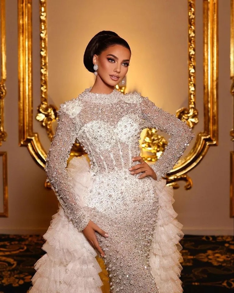 Saudi Arabic Mermaid Wedding Dress Long Sleeve Pearls Wedding Dresses Bridal Gowns Ruched Puffy Vestido De Noiva Overskirt Robe Mariage